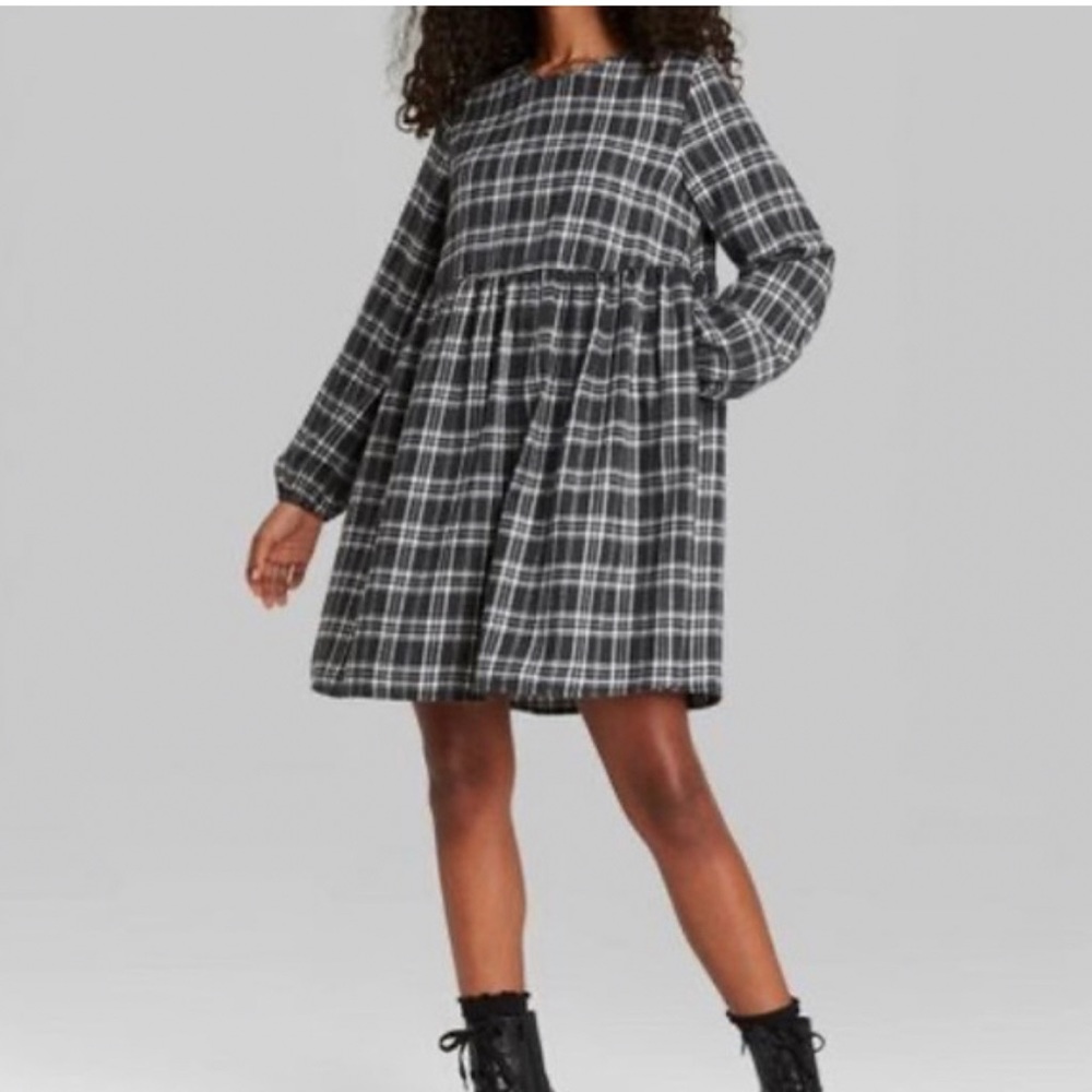 Wild Fable Black and Grey Babydoll Plaid Long Sleeve Dress